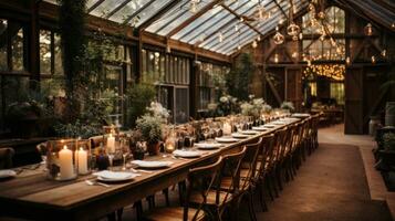 Rustic barn venue adorned with string lights and greenery photo