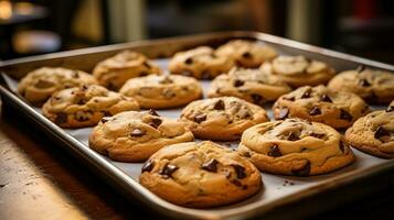 Delicious chocolate chip cookies fresh from the oven on a tray photo