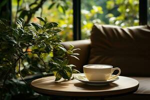 An Aesthetic Studio Coffee Shop Interior Featuring a Coffee Cup and Plant A coffee cup and plant on a table photo