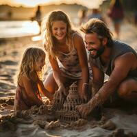 Happy parents and children building sandcastles on the beach photo