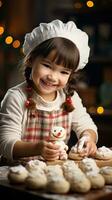 Cute little girl excitedly decorating snowman cookies with frosting photo