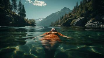 Peaceful image of a woman floating on her back in a tranquil lake photo