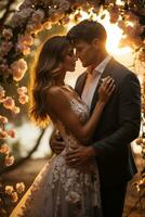 Happy newlyweds kissing under a beautiful floral arch photo