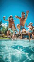 A group of friends jumping into the pool, captured in mid-air photo