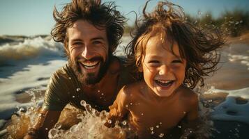 Smiling family playing in the ocean waves on a sunny day photo