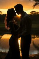 Stunning sunset photo of the couple sharing a passionate kiss