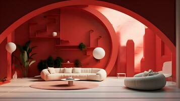 Interior of modern living room with red walls, concrete floor, white sofa and round coffee table photo