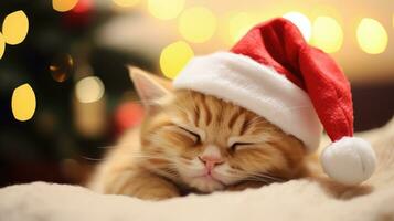 Cute cat in Santa Claus hat against blurred Christmas lights photo