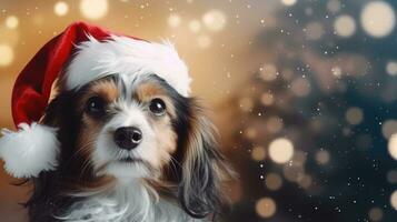 Cute puppy in Santa hat and blurred for Christmas on background photo