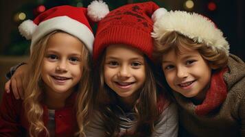 grupo de contento niños con vistoso luces en Navidad antecedentes. foto