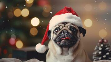 Pug dog in a Santa hat. Christmas blurred background photo