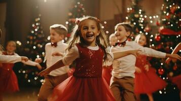 niños danza a Navidad fiesta en luces. contento infancia. foto