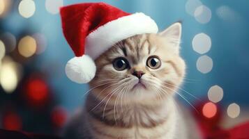 Cute cat in Santa Claus hat against blurred Christmas lights photo