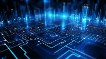 Computer circuit board with blue backlighting. Generative AI photo