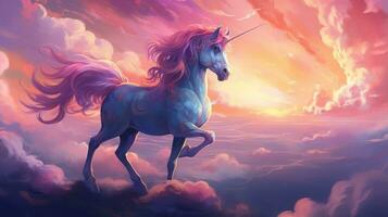 Mythical unicorn in a dreamy, cloud filled landscape. Generative AI photo