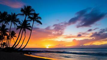 puesta de sol en un tropical playa con palma arboles generativo ai foto