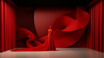 un mujer en un rojo vestir soportes en frente de un rojo cortina. generativo ai foto