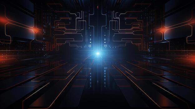 Dark room with red and blue lights. Generative AI photo