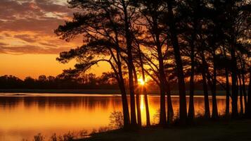 puesta de sol terminado un lago con arboles en el primer plano. generativo ai foto