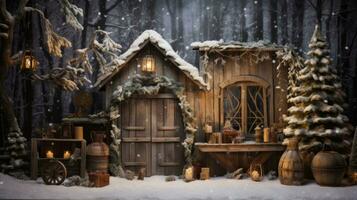 Rustic winter scene featuring wooden decorations and snow. Generative AI photo