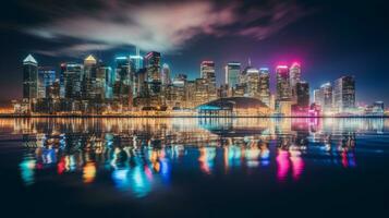 City skyline is lit up at night. Generative AI photo