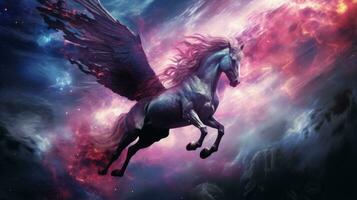 Majestic winged horse soaring through the clouds. Generative AI photo