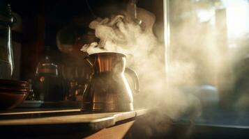 Morning sun through coffee steam. Generative AI photo