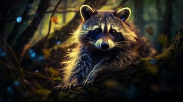 Mystic Raccoon with glowing eyes in a forest's embrace. Generative AI photo