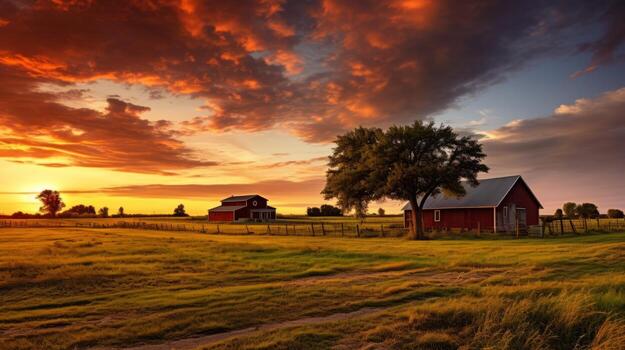 Red barn sitting on top of a lush green field. Generative AI photo