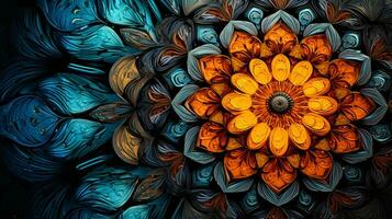 An orange and blue flower on a black background. Generative AI photo