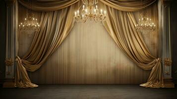 Room with a chandelier and a curtain. Generative AI photo
