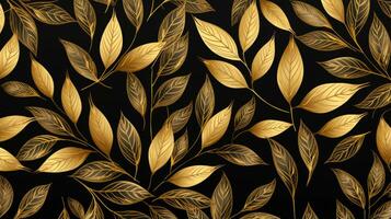 Golden leaves on a black background. Generative AI photo