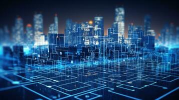 Cityscape is shown with glowing lights. Generative AI photo