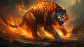 Flame Tiger prowls fiery realms. Generative AI photo