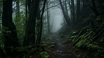 Trail in the middle of a forest covered in fog. Generative AI photo