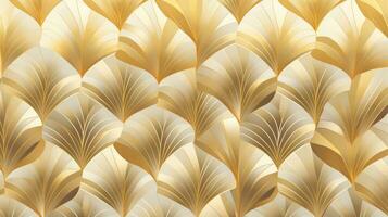 Gold and white wallpaper with large leaf pattern. Generative AI photo