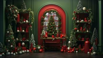 Festive red and green Christmas scene. Generative AI photo