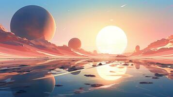 Futuristic landscape in abstract forms and colors. Generative AI photo