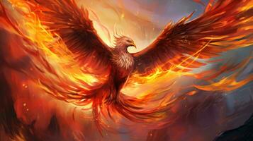 Flameheart Phoenix soars through a sky ablaze with color. Generative AI photo