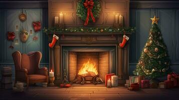 Festive holiday cartoon a cozy Christmas fireplace.. Generative AI photo