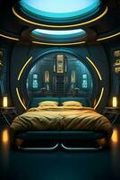 spaceship interior with a double bed inside photo