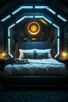 spaceship interior with a double bed and luminous lamps photo