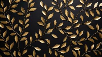 Golden leaves on a black background. Generative AI photo