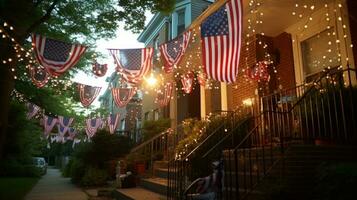 A row of houses decorated with american flags. Generative AI photo