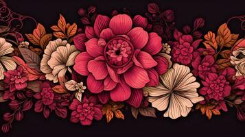 Colorful floral border made of flowers and leaves. Generative AI photo