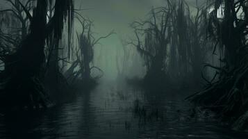 Swamp filled with lots of trees and water. Generative AI photo