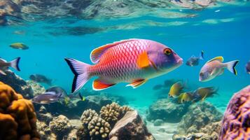 School of fish swimming in the vast ocean. Generative AI photo