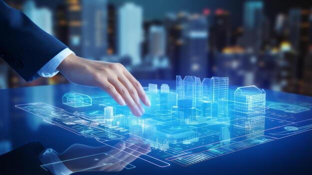 Person touching a tablet with a city in the background. Generative AI photo