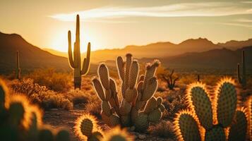 Large cactus in the middle of a desert. Generative AI photo