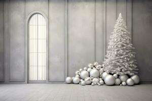 White christmas tree surrounded by white balls. Generative AI photo